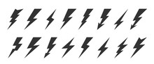 Lightning Bolt Flash Icon Set. Energy Power Charge Sign. Thunder Strike Electricity Symbol. Thunderbolt Pictogram. Powerful Electrical Discharge Hitting From Side To Side. Thundershock Zigzag Arrow