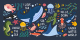 Fototapeta Pokój dzieciecy - Underwater World. Vector illustration of the marine world. Cute fish and wild sea cartoon animals. Whale, fish, squid, seaweed, shells, seahorse, jellyfish, crab. Drawings for banner, postcards,cards.
