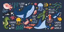 Underwater World. Vector Illustration Of The Marine World. Cute Fish And Wild Sea Cartoon Animals. Whale, Fish, Squid, Seaweed, Shells, Seahorse, Jellyfish, Crab. Drawings For Banner, Postcards,cards.