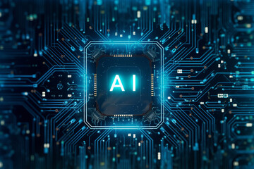 Artificial Intelligence concept with logo AI. Abstract futuristic electronic circuit technology background. Generative AI