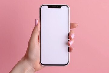 woman using smart phone on pink background. closeup of female hands with natural manicure with a mob