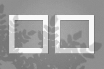 Natural light casts shadows from the leaves of a tropical tree branch on 2 square frames of white textured paper lying on a gray facture background. Mock up with an overlay of plant shadows