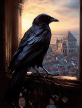 Crow Perched In A Window And A Medieval Landscape In The Background