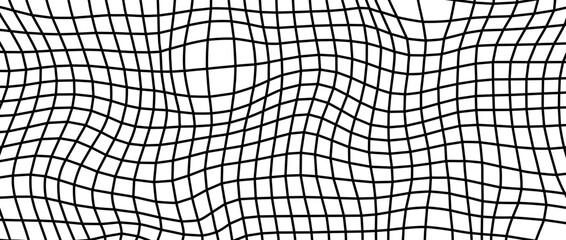 Poster - Distorted wireframe background. Abstract wavy checkerboard wallpaper. Warped and curved grid surface pattern. Black and white geometric texture with optical illusion effect. Vector illustration