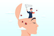 Human head with himself losing focus and distracted by bugs flying around, distraction, social media or environment that disturb and cannot focus on work, unproductive lifestyle concept (Vector)