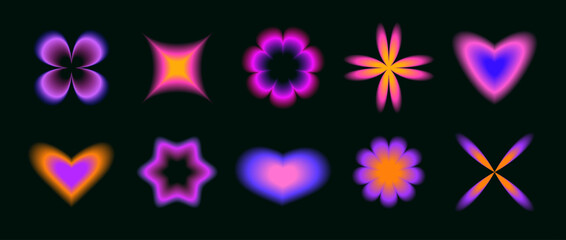 Poster - Smooth blurred gradient flowers, stars and hearts set. Y2K aura shapes collection. Colorful neon abstract trendy elements for logo, templates, badges, stickers, collages. Vector pack