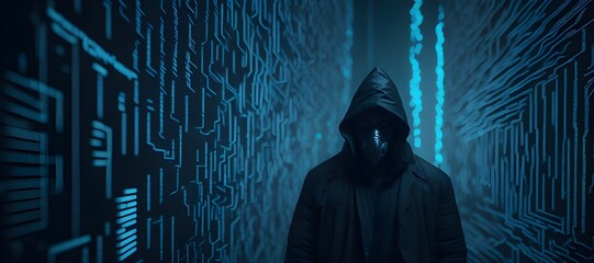 Portrait of an anonymous man, hacker wearing neon mask. Generative AI illustration