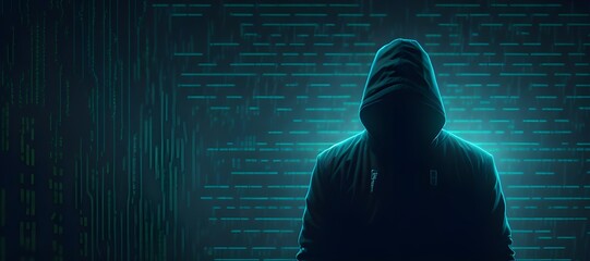 Hooded man wearing guy fawkes mask with binary data system security. Generative AI illustration