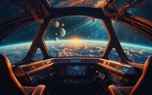 Looking Out Of A 1970s Sci-fi Style Space Ship With Planets And Stars In The Distance