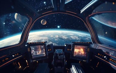 Wall Mural - Looking out of a 1970s sci-fi style space ship with planets and stars in the distance