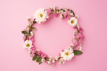 Wall Mural - Wreath of flowers at the pink background.