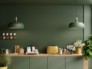 Wall Mural - Green kitchen room and minimalist interior design on mockup wood slat wall.