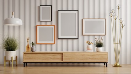 Wall Mural - Mockup photo frame wooden slat white wall mounted on the wooden cabinet.