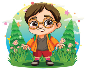 Wall Mural - Chubby cute boy wearing glasses at the garden