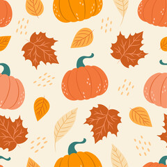 Wall Mural - Autumn cozy seamless pattern with pumpkins and leaves. Vector illustration