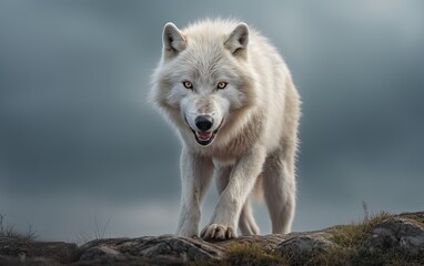 An angry arctic wolf in the dark background.