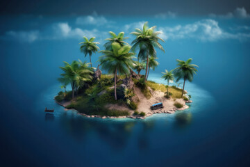 Poster - small tropical island with palm trees in the middle of the ocean extreme closeup. generative ai