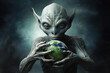 © doomu - Evil Gray Alien from Other Worlds Holding in His Hands Earth Globe Planet extreme closeup. Generative AI