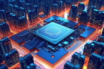 Poster - Computer Motherboard With a CPU Processor in the Shape of an Abstract Digital City extreme closeup. Generative AI