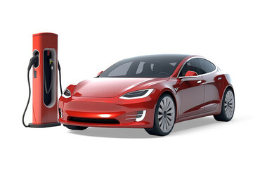 Aufkleber - Modern Luxury Electric Car Charging at the Charger Station on a white background. Generative AI