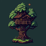 Fototapeta  - Treehouse pixel art style