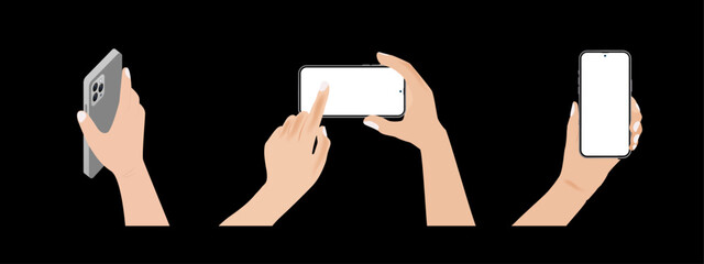 Poster - Hand holding mobile phone horizontally and vertically with blank screen illustration vector set in flat style isolated. Different gesture hands is touching smartphone display