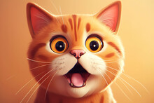 Frightened Funny Red Cat With An Emotional Expression. Portrait Shocked Pet With Big Eyes And Open Mouth, Animal Illustration