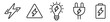Conjunto de iconos de electricidad. Rayo, precaución, carga eléctrica, bombilla de luz, enchufe, batería. Ilustración vectorial