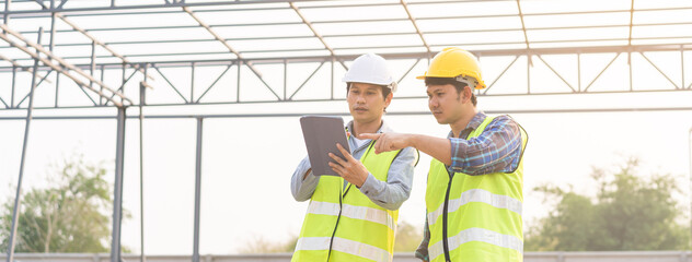 Builder team, foreman asian young engineer, architect man, male are discussing construction drawing on blueprint follow project to build an industrial plan at outdoor site. Engineering worker people.