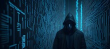 Male Hoodie Hacker Wearing Mystery Mask, Cyber Attack Or Internet Security Concepts. Young Unrecognizable Anonymous Thief Committing Crime In Dark Space. Generative AI Illustration