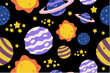 © Papilouz Studio - Kawaii Outer Space Seamless Pattern Background. Cute Cosmic Perfect Kids Apparel Doodle Cartoon for Galaxy Exploration Universe Trendy Wrapping Textile Collage Graphic Print Vector Illustration