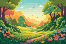 Spring Landscape Of Forest With Trees Grass Nature Valley Park With Meadow And Flowers Field In Spring With Rainbow Cartoon Vector Art Illustration Background