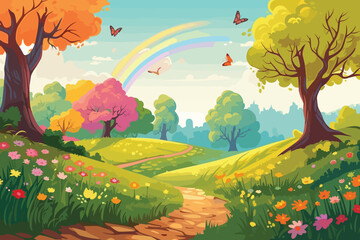 Spring landscape of forest with trees grass nature valley park with meadow and flowers field in spring with rainbow cartoon vector art illustration background generative ai