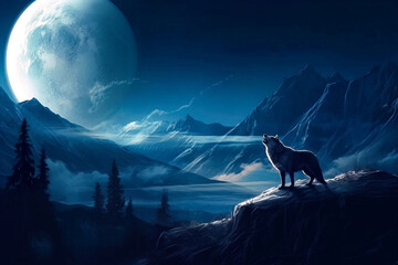 Wall Mural - Wolf in the mountains against the background of the moon. Generative AI