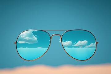 Wall Mural - Sunglasses on the beach. Sunglasses with the sea and sky reflection. Blurry background. Vision concept. Generative AI