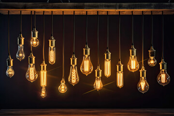 Decorative antique Edison style light bulbs, different shapes of retro lamps on dark background. Cafe or restaurant decoration details. Set of vintage glowing light bulbs, loft interior. AI generative