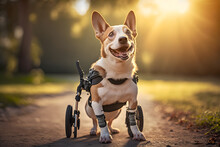 Handicapped Dog In Wheelchair At Park, Pet Disabled Walk In Summer Day. Generation AI