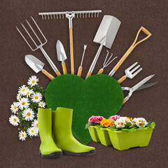 Wall Mural - Gardening tool equipment and green grass lawn heart shape, rubber boots and daisies flowers isolated on ground soil background. Banner for online shopping, e-commerce, florist shop and greenhouse