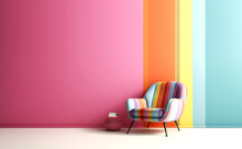 Abstract Minimal Concept. Pastel Multi Colour Vibrant Groovy Retro Striped Background Wall Frame With Bright Armchair Decor. Mock Up Template For Product Presentation. 3D Rendering. Copy Text Space