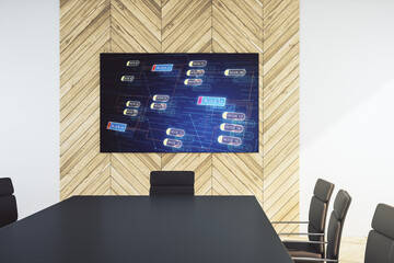 Aufkleber - Abstract software development hologram on presentation tv screen in a modern meeting room, research and analytics concept. 3D Rendering