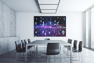 Poster - Creative concept of binary code illustration on presentation screen in a modern conference room. Big data and coding concept. 3D Rendering