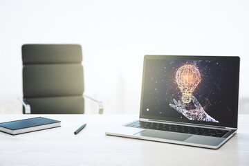 Aufkleber - Creative light bulb hologram on modern laptop monitor, idea concept. 3D Rendering