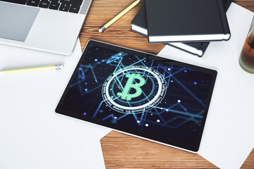 Poster - Modern digital tablet monitor with creative Bitcoin symbol. Cryptocurrency concept. Top view. 3D Rendering