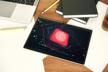 Poster - Top view of modern digital tablet display with creative fingerprint hologram, personal biometric data concept. 3D Rendering