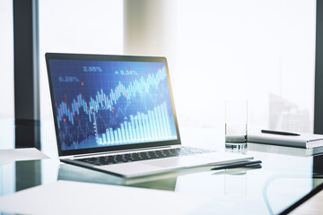 Poster - Modern computer display with abstract financial graph, financial and trading concept. 3D Rendering