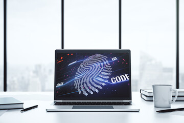 Poster - Computer monitor with abstract creative fingerprint illustration, personal biometric data concept. 3D Rendering