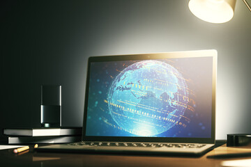 Aufkleber - Modern computer monitor with abstract programming language with world map, research and development concept. 3D Rendering