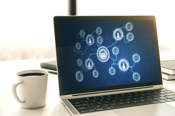 Poster - Modern computer monitor with social network icons concept. Marketing and promotion concept. 3D Rendering