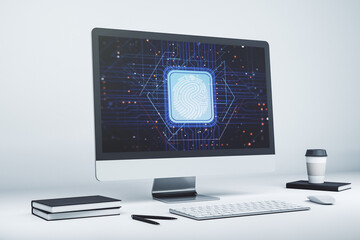 Aufkleber - Computer monitor with abstract creative fingerprint illustration, personal biometric data concept. 3D Rendering