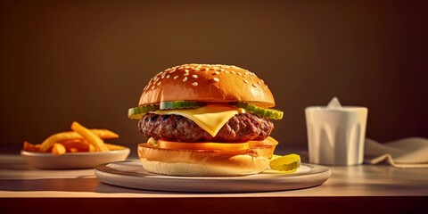 Sticker - cheeseburger on plate at restaurant created with generative AI